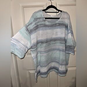 PureJill Blue and White crochet Knit Sweater 3X beach coastal nautical Summmer